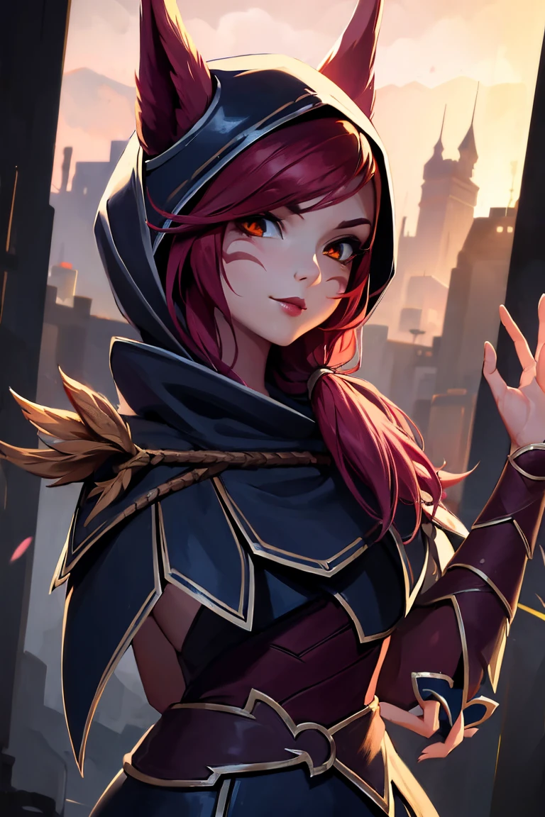 ((​masterpiece)), ((best quality)), 35years old, 8k, detailed face, portrait, 1 girl, ( xayah (League of Legends 1.1)), hoodie, cape, sexy pose, pretty face, asymmetrical long hair, Red hair, belt, black stockings, Orange eyes, sweet grin, forest in the background, pose for the camera, looking down at viewer, Night City, rainy, Full view