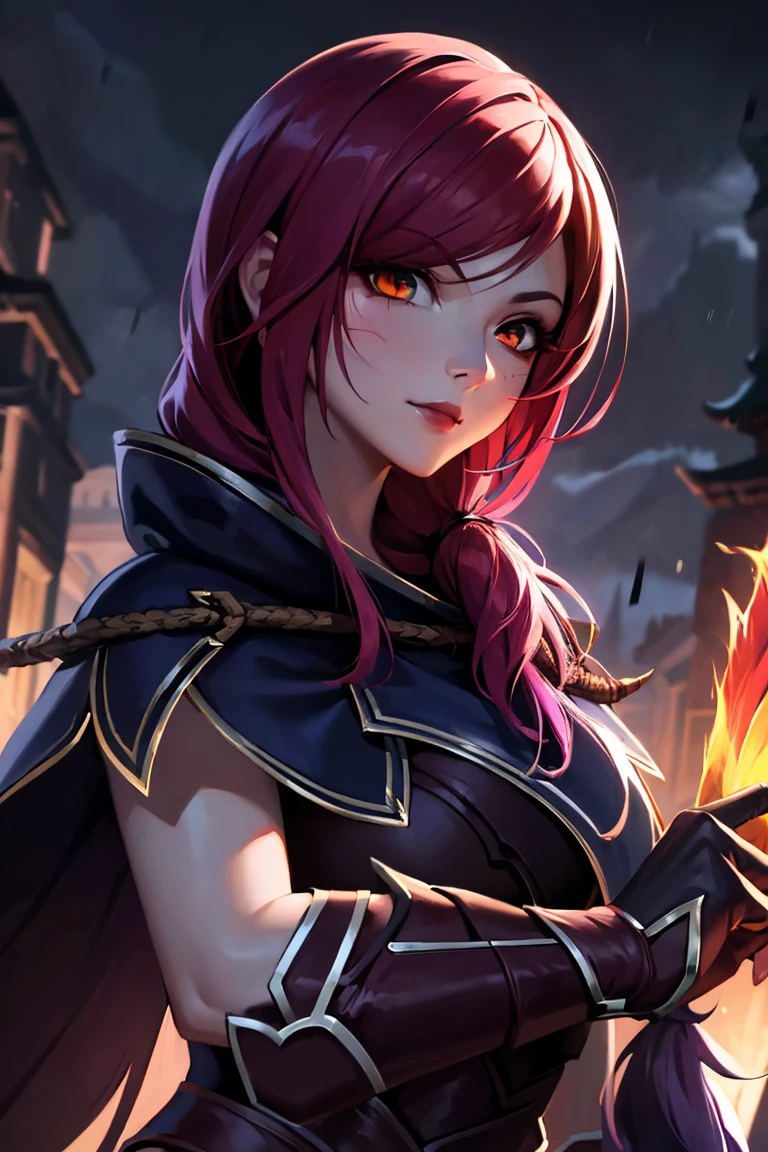 ((​masterpiece)), ((best quality)), 35years old, 8k, detailed face, portrait, 1 girl, ( xayah (League of Legends 1.1)), hoodie, cape, sexy pose, pretty face, asymmetrical long hair, Red hair, belt, black stockings, Orange eyes, sweet grin, forest in the background, pose for the camera, looking down at viewer, Night City, rainy, Full view