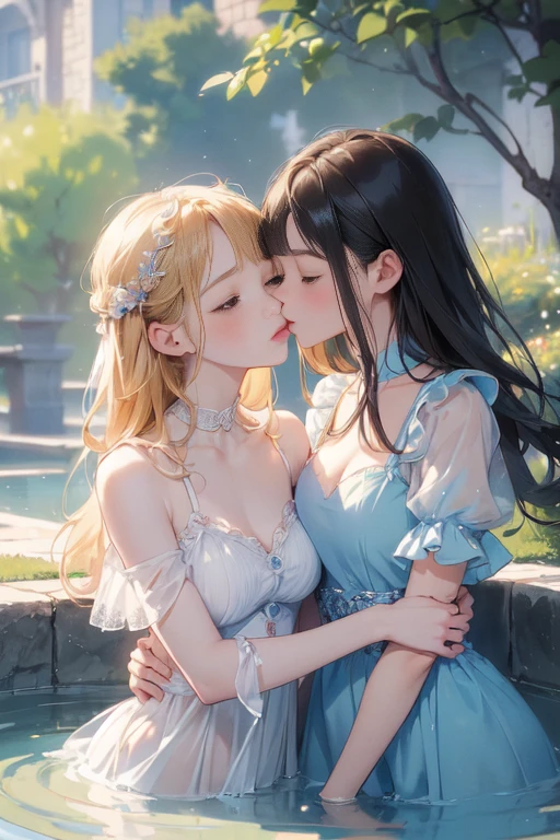 (8 (8k, Highest quality, masterpiece:1.2),cute,cute女の子たち,Couple girls,2 people，お腹にkissをする，mesugaki,Fantasy_world,kiss,Open-air bath，Touching each other&#39;s breasts，Wrap a bath towel，Beautiful thighs，Gentle caress，Heavy breathing，White liquid splashed on face，お腹にディープkiss，starry skies，night，White liquid dripping down thighs