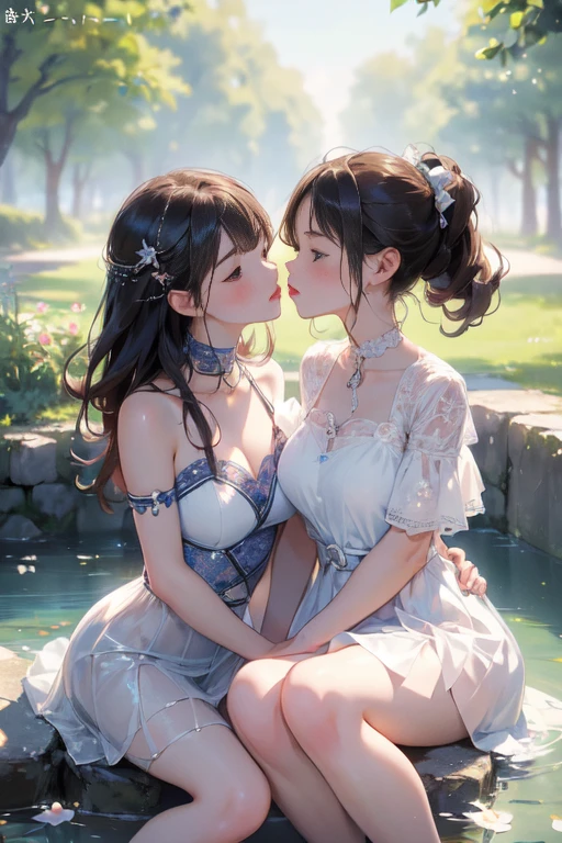 (8 (8k, Highest quality, masterpiece:1.2),cute,cute女の子たち,Couple girls,2 people，お腹にkissをする，mesugaki,Fantasy_world,kiss,Open-air bath，Touching each other&#39;s breasts，Wrap a bath towel，Beautiful thighs，Gentle caress，Heavy breathing，White liquid splashed on face，お腹にディープkiss，starry skies，night，White liquid dripping down thighs