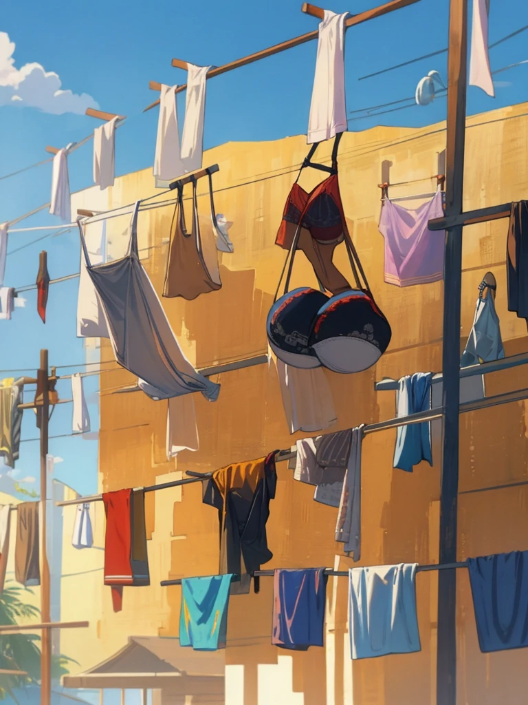 "Depict a scene where a huge bra is hanging on a clothesline, as if it's been freshly washed and is drying in the sun. The bra should be prominently displayed, with its straps and cups draped over the line, gently swaying in the breeze."