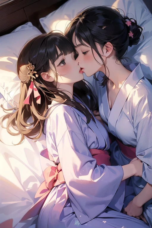 (8 (8k, Highest quality, masterpiece:1.2),cute,cute女の子たち,Couple girls,2 people，お腹にkissをする，mesugaki,Fantasy_world,kiss,On the futon，lie down，Yukata with a short hem，Touching each other&#39;s breasts through clothes，Beautiful thighs，Gentle caress，Heavy breathing，White liquid splashed on face，お腹にディープkiss，starry skies，night，White liquid dripping down thighs