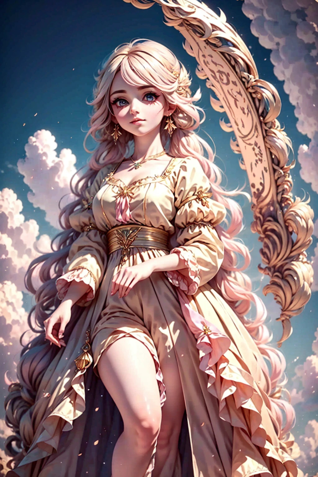 (best quality,4k,8k,highres,masterpiece:1.2),ultra-detailed girl anime character, very long twintail pinkgold hair, mythology, traditional europe mythology dress, gorgeous hair accesories, gorgeous dress,high detailed, pastel color mood and tone background.