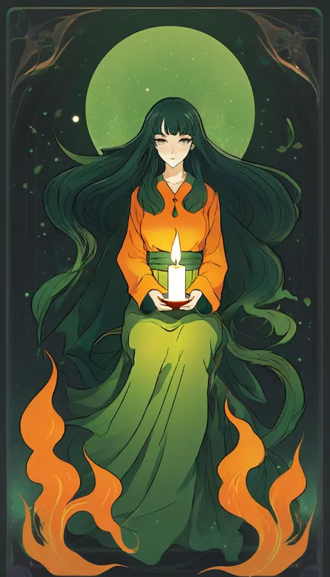 anime style illustration of a candlelight, in the style of witchcraft and fantasy, with vibrant colors, orange and green