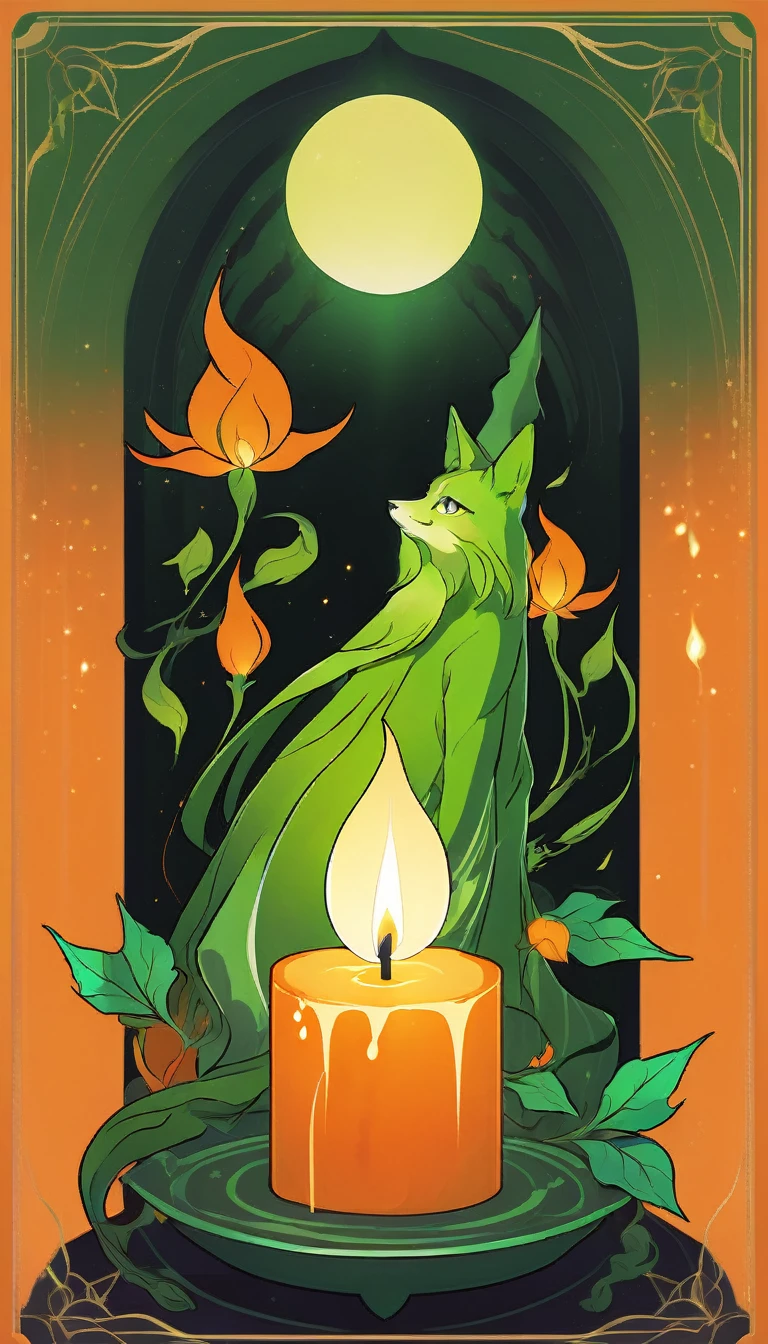 anime style illustration of a Candlelight, in the style of witchcraft and fantasy, with vibrant colors, orange and green 