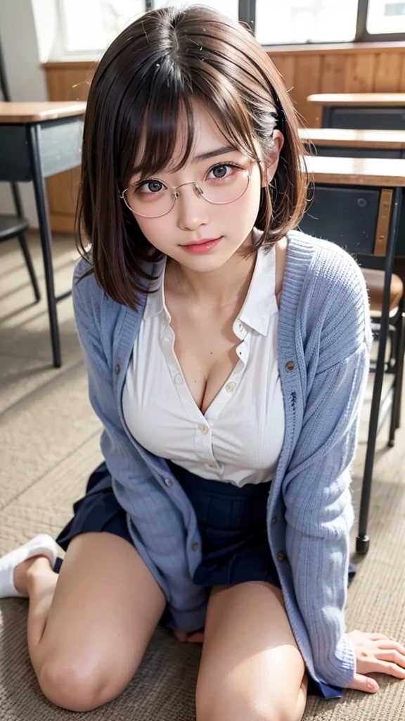 (masterpiece, Best Quality:1.2), 8K, 1 girl, 1 Japanese girl, 85 mm, Official art, Raw photo, Pretty Face, close up, face focus, cute Girl, Cinch waist, beauty thighs, soaking wet, sweat, medium breasts, white shirt with large ribbon, pink cardigan, blue tie, blue checkered skirt, large round glasses, kneeling on floor, in a classroom, Looking at Viewer, No makeup, (aroused, embarrassed, blush :1.2), Film grain, chromatic abberation, Sharp Focus, face lights, clear lighting, Teen, Detailed face, Bokeh background