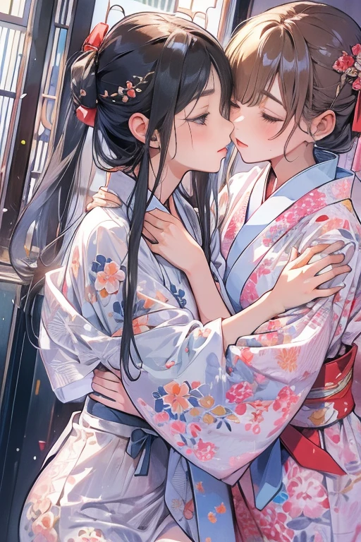 (8 (8k, Highest quality, masterpiece:1.2),cute,cute女の子たち,Couple girls,2 people，お腹にkissをする，mesugaki,Fantasy_world,kiss,On the futon，lie down，Yukata with a short hem，Touching each other&#39;s breasts through clothes，Beautiful thighs，Gentle caress，Heavy breathing，White liquid splashed on face，お腹にディープkiss，starry skies，night，White liquid dripping down thighs