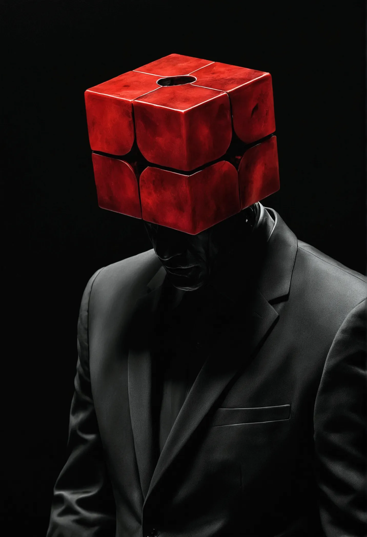 faceless man,(((cube head)))，cube anthropomorphism，bend over，tired， abstract surrealism, faceless man dark, unsettling horror li...