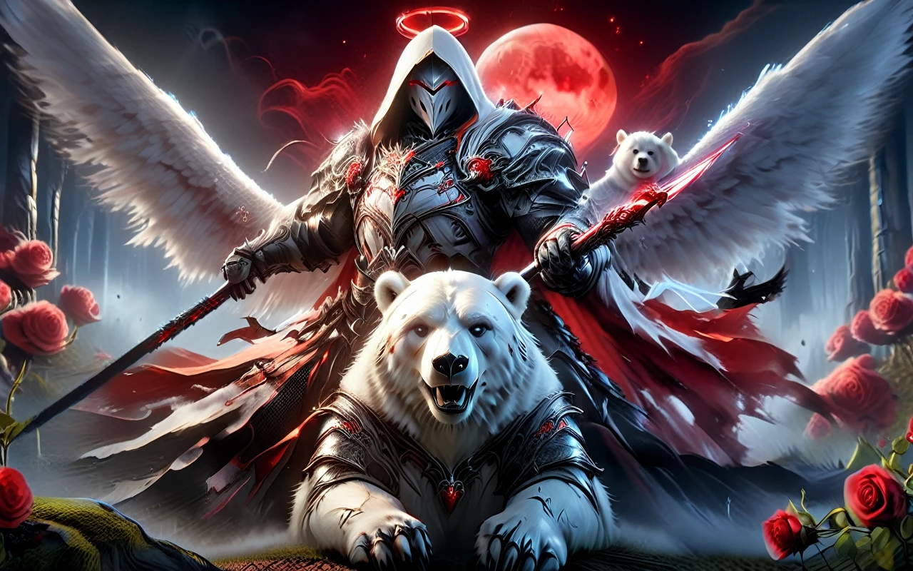 Dynamic picture where a man with a white hood with bear ears and a katana sits riding a big polar bear in a forest while the blood moon shines, many Roses cover the ground and lightning falls from the sky. The man wears a red blindfold.