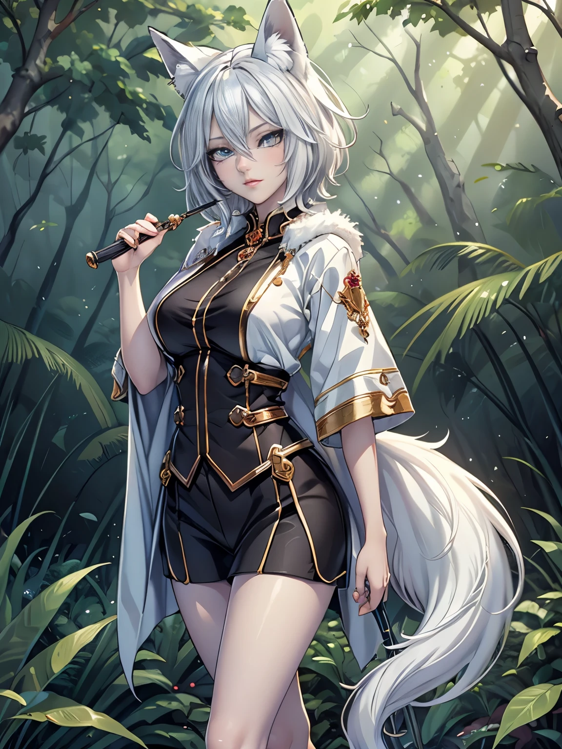 best quality,masterpiece, ultra detailed, 1girl, detailed face, foxy human, white fur, white hair, fox eyes, look smart, short hair, long legs, holding wand in her hand, healer, lean body type, standing in the forest background,