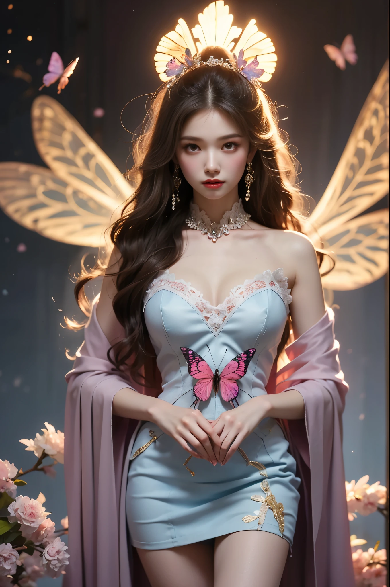 1girl yinziping beautiful dance posture, She gently lifted her skirt with one hand,头发周围有白色的Butterfly兰，Lilac dendrobium、White Lily, Long legs , Deep in Wonderland, ((Flowing long hair))Official Art , Unity8k Wallpaper , Extremely detailed , Visible cleavage, Pretty and beautiful , 性感Long legs, masterpiece , best quality ,Practical, Very detailed illustrations ,Extremely detailed , Intricate details , Extremely complex and detailed , Very detailed 8KCG wallpaper , Caustics .reflection , Ray Tracing , Devil theme ,nebula ,Dark aura, Network Effects , (1 girl)solitary , 小蓝Butterfly , (Blue plasma flame , (insect , Butterfly)) Pastel tones in Rococo style ,Light white and light dark red , Incredibly beautiful , Cherry blossoms , Surrealism ,painting , Ethereal , Mixing reality and fantasy elements ,Ray Tracing , Complex Mode , Exquisite lines , Perfect your hands, Starry Sky , Colorful , Star