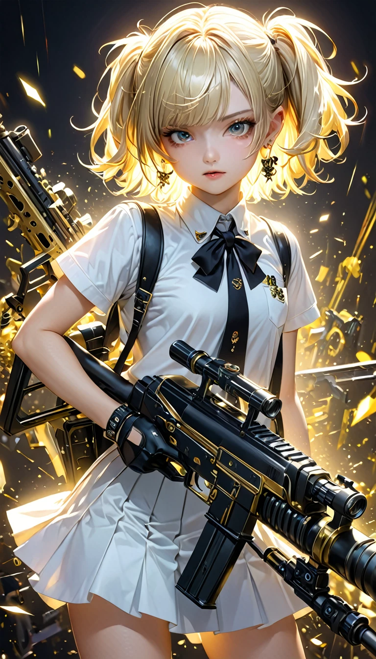 kawaii, cute boyish girl with very short messy boyish blonde hair, gold piercing gaze, glamorous proportions, wearing a white school uniform and gloves, holding a machine gun, background wide variety punks, (ultra detailed, absolutely resolution, best quality:1.3), 2.5D, delicate and dynamic effects, lighting effects, artistic, hyper, graphic CG digital art