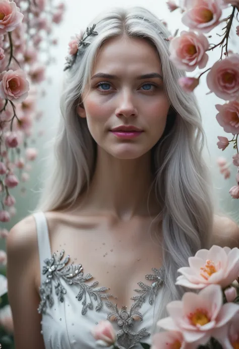 masterpiece, superb piece, daytime, outdoor, falling flowers, white dress, 1 girl, perfect woman, silver and white long haired w...