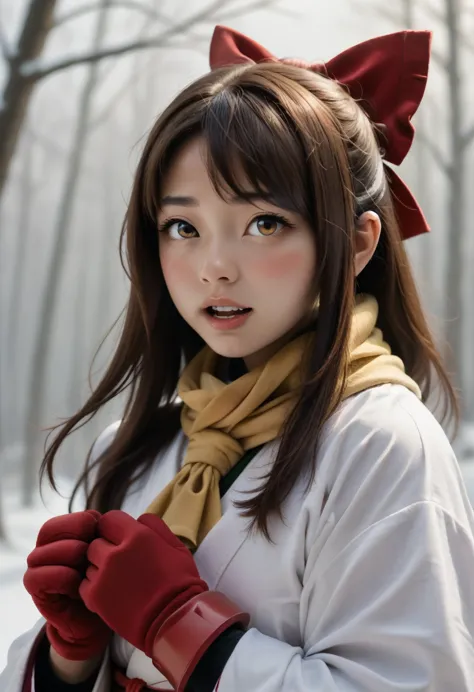 km, 1girl, ascot, blush, bow, brown eyes, brown hair, hair bow, hair tubes, japanese clothes, long hair, mittens, nontraditional...