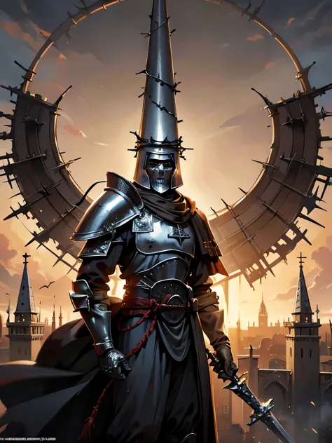 ((blasphemous)), ((the penitent)), game character, a closeup of a man wearing a helmet and armor standing in front of a castle, ...