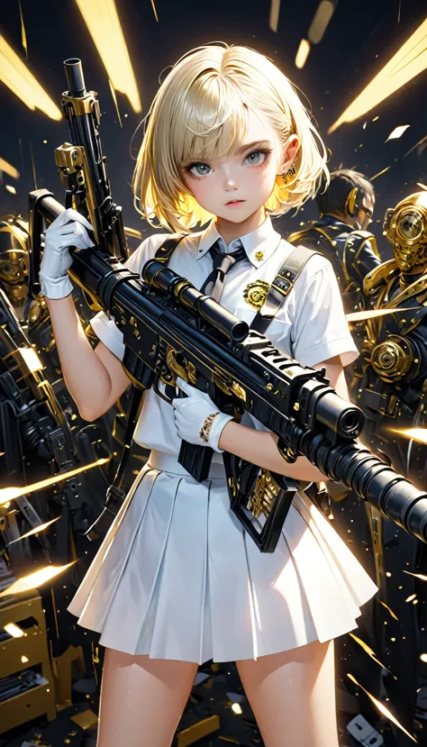 kawaii, cute boyish girl with very short boyish blonde hair, gold piercing gaze, glamorous proportions, wearing a white school u...