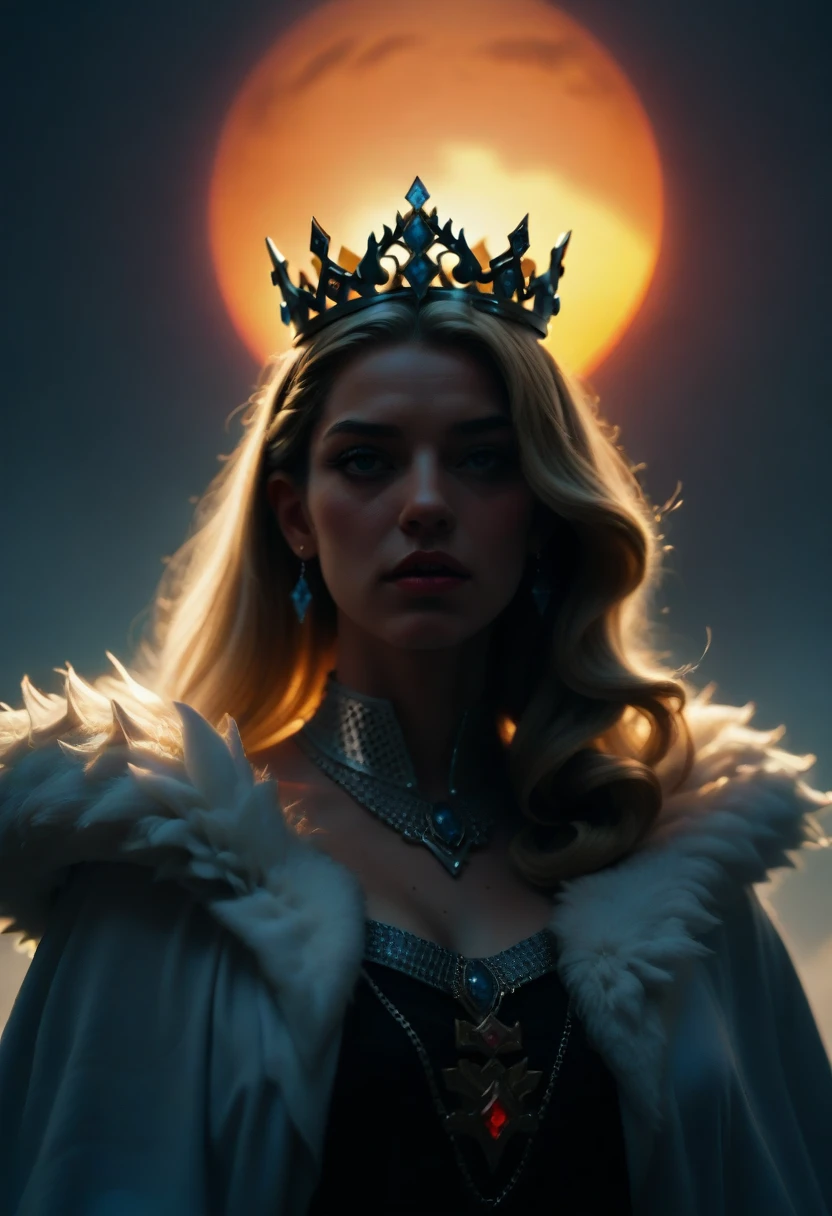 `an ice queen in a kingdom with the sun in the background, high definition, rich in details`  