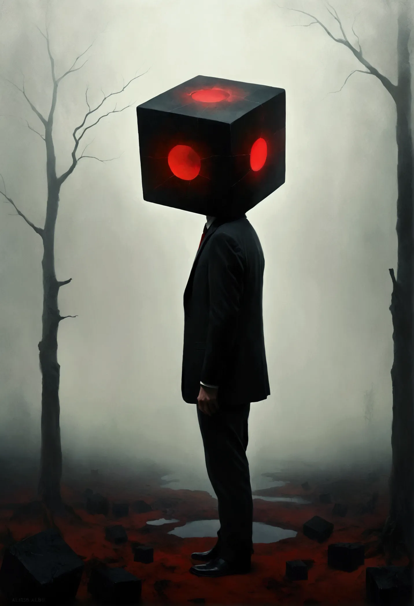 faceless man,(((cube head)))，cube anthropomorphism，bend over，tired， alessio albi, abstract surrealism, faceless man dark, unsett...