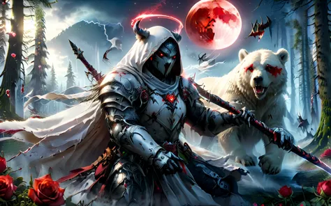 dynamic picture where a man with a white hood with bear ears and a katana sits riding a big polar bear in a forest while the blo...