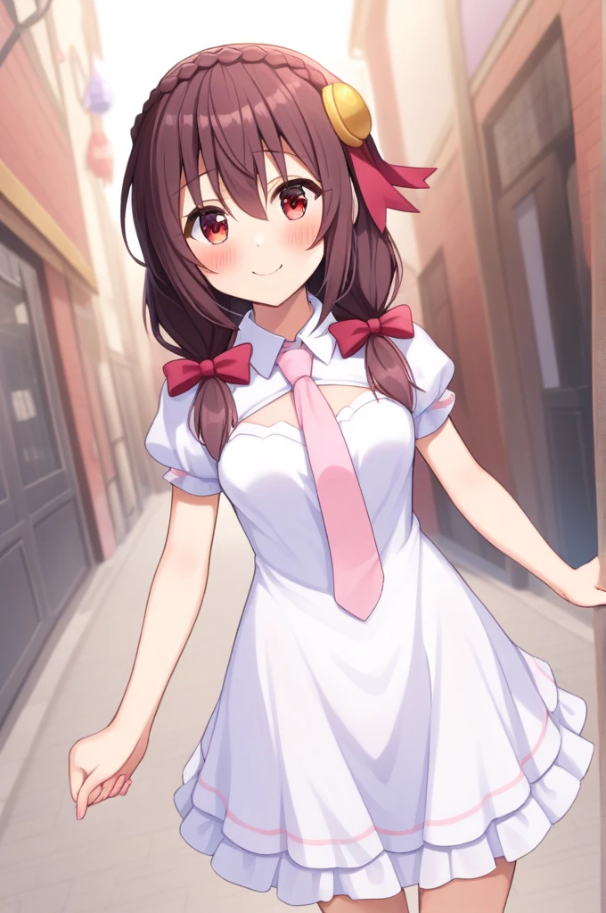 alone, One person, Yunyun, ♥、 (blush:1.7)、Crown braids of the same color as your hair、hair ornaments, Hair Ribbon, Pink tie, White dress, smile、street、Turn around and hold hands with the viewer