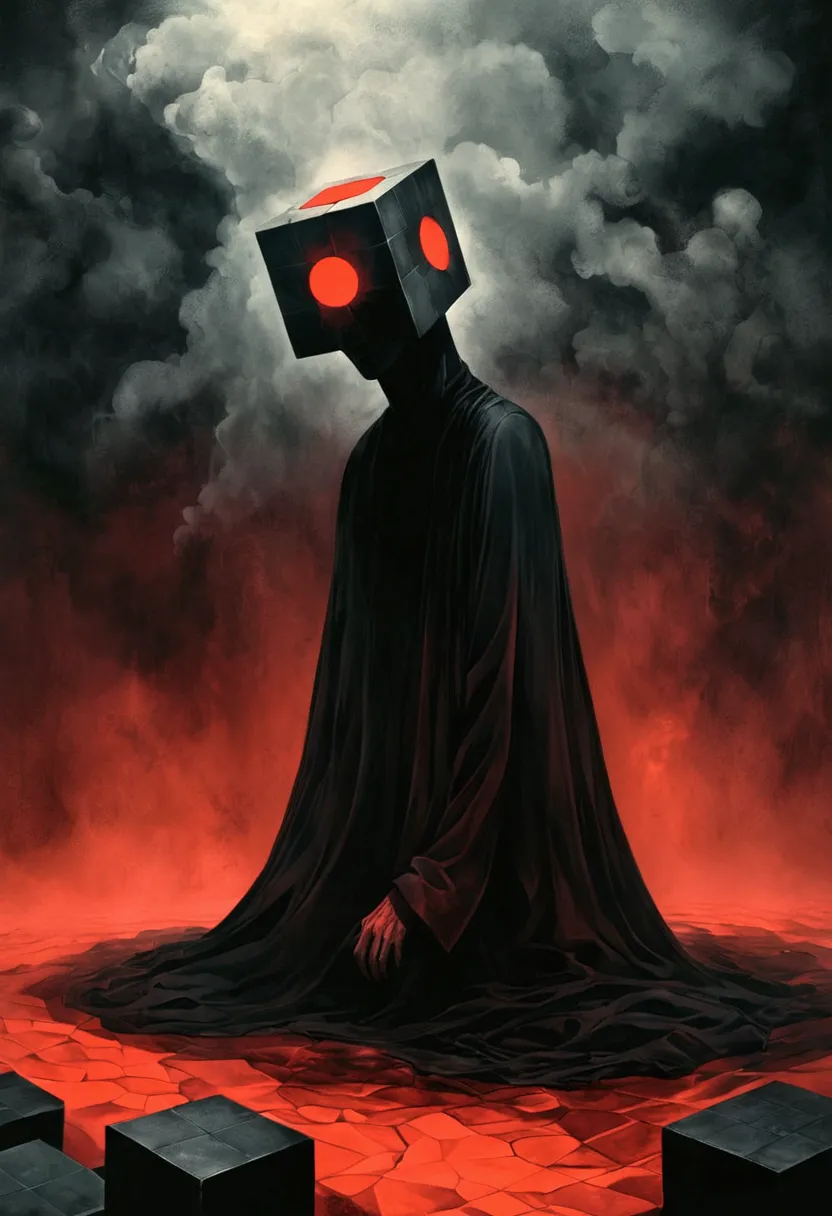 faceless man,(((cube head)))，cube anthropomorphism，bend over，tired， alessio albi, abstract surrealism, faceless man dark, unsett...