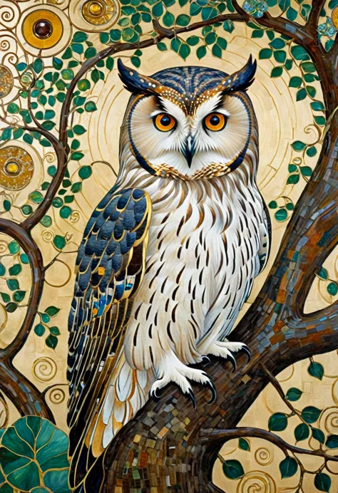 close-up of a painting of a tree with an owl on it, klimt jigsaw puzzle, pinterest, art nouveau, gustav klimt, gustav klimt 4 k,...