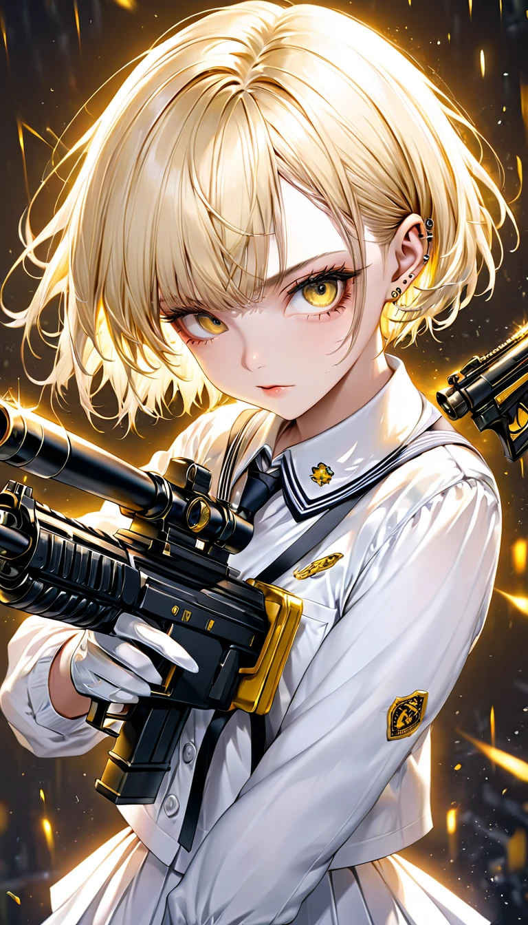 kawaii, cute boyish girl with very short boyish blonde hair, gold piercing gaze, glamorous proportions, wearing a white school uniform and gloves, holding a machine gun, background wide variety punks, (ultra detailed, absolutely resolution, best quality:1.3), 2.5D, delicate and dynamic effects, lighting effects, artistic, hyper, graphic CG digital art