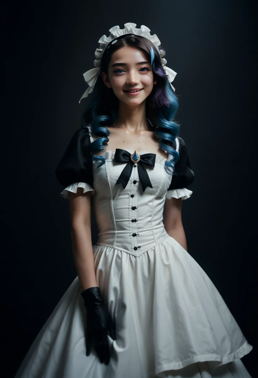 korean,realistic, masterpiece, final detail, photo realistic, intricate detail, octane rendering, 8K, 1Girl, full bodyperfect face, beautiful face, NSWF, trough reference, detail hair,, black bow, black gloves, black legs, blue eyes, blue hair, bow, collarbone, dress, drill hair, ruffles, ruffles, gloves, gwen, headdress, highres, long hair, parted lips, puffy sleeves, purple eyes, smile, solo, white dress, oil skin,