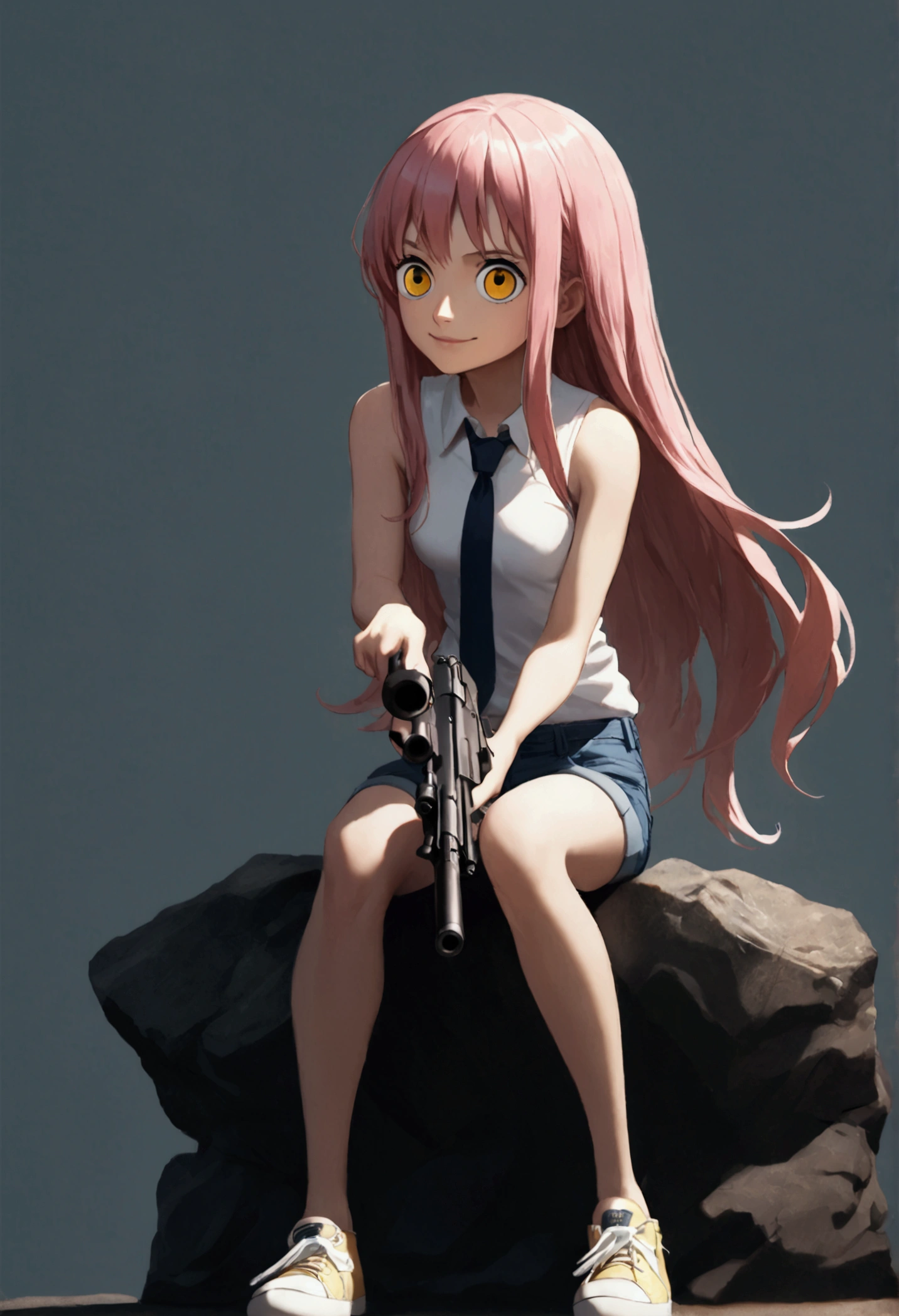 gunsmithing , holding gun, 1girl, solo, shape eyes, visible small breast, dark-skinned, straight hair, long hair, dark pink hair, short jean, Sleeveless Shirt, necktie, smile face, sleeveless, sitting, simple yellow background, full body 