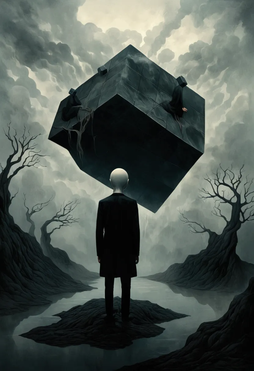 faceless man,(((cube head)))，cube anthropomorphism，bend over，tired， alessio albi, abstract surrealism, faceless man dark, unsett...