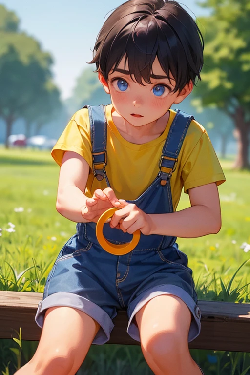 1boy, young little british boy in overalls with shorts and a yellow shirt underneath, bending on knee poses, glowing blue eyes, outdoor, close-up, cutest 