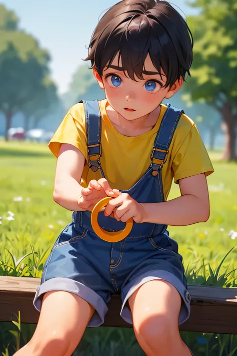 1boy, young little british boy in overalls with shorts and a yellow shirt underneath, bending on knee poses, glowing blue eyes, ...