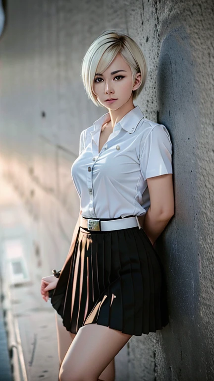 Pretty thai woman blonde short hair  , tomboy , (8k, best quality, masterpiece, ultra highres:1.2) Photo of Pretty thai woman beautiful, beautiful enchanting fashion contemporary painting with , (1girl), (white shirt short sleeves), ((black long pleated skirt )), belt , realistic skin texture , round chin, 85 mm art lens, f 1. 2, sharp focus, 8 k high definition, insanely detailed, intricate, elegant , mid breasts , long pleated skirt black skirt 