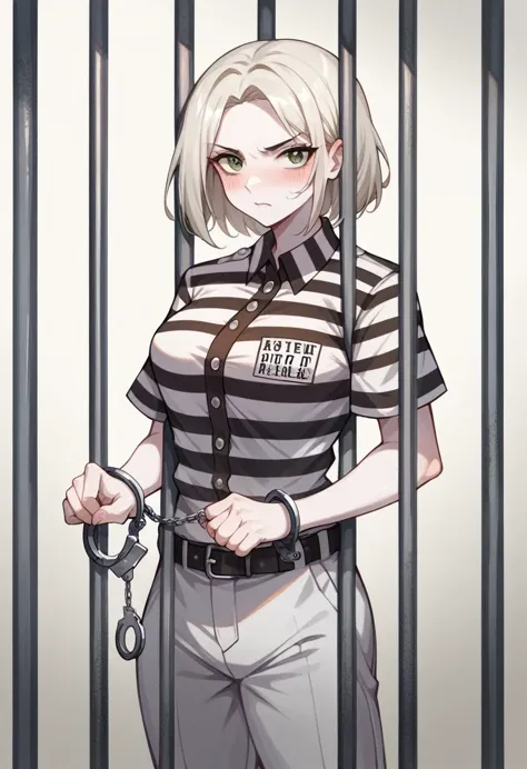 transport belt, handcuffs, prison uniform, （striped black and white prison jumpsuit）, white skin、view your viewers, severe, frow...