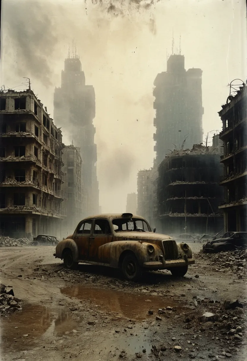 arafed image of a car in a dirty city with buildings, in a ruined cityscape, an abandoned dystopian city, abandoned city, post a...