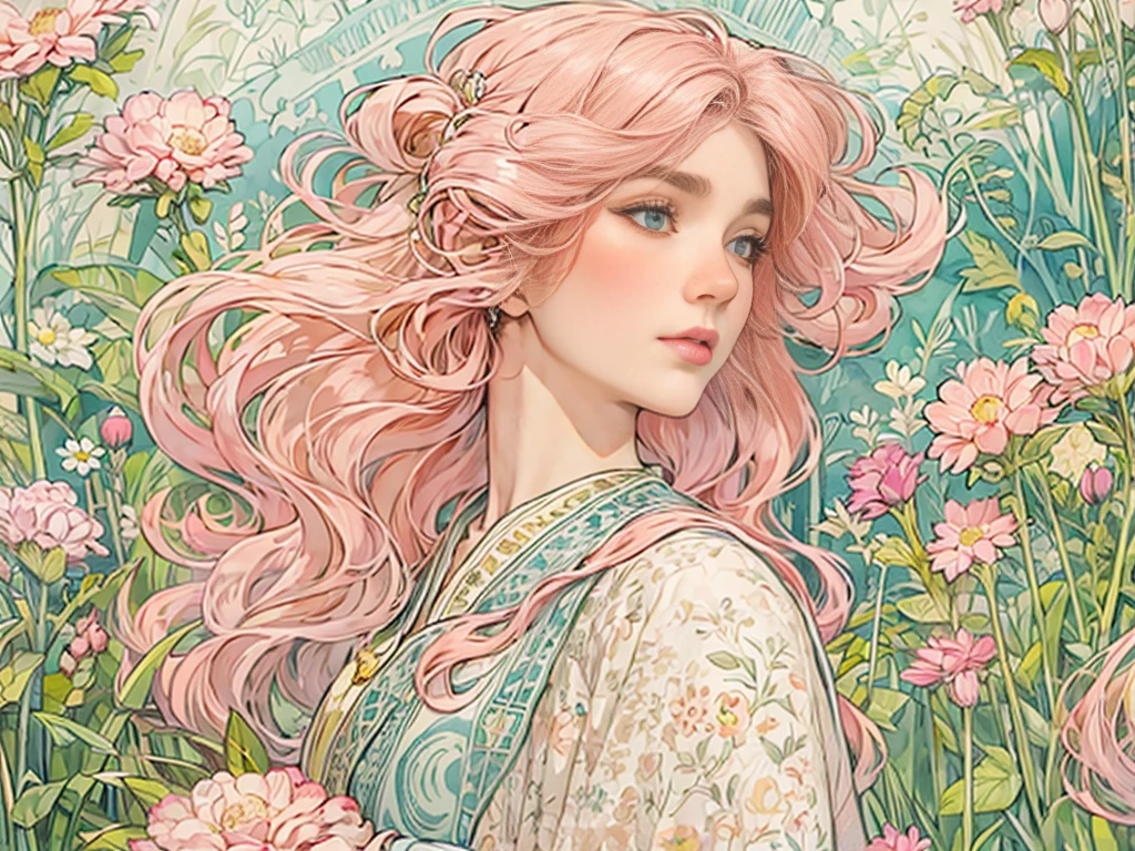 ((masterpiece)), (Highest quality), (Cinematic), Art Nouveau watercolor , Floral_background, Intricate designs and patterns in the style of Alphonse Mucha，\One Woman, Pink Hair, Long Hair, Cotton candy shaped hair, Fluffy hair, Thick eyebrows, Pink dress, Light blue cardigan, Standing in the grassland, Sheep next to\