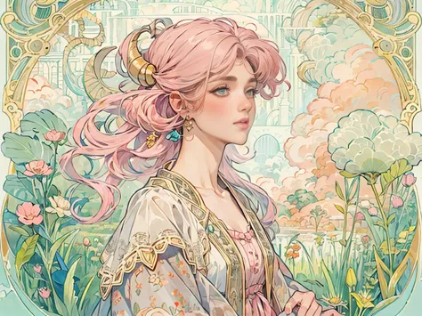 ((masterpiece)), (highest quality), (cinematic), art nouveau watercolor , floral_background, intricate designs and patterns in t...