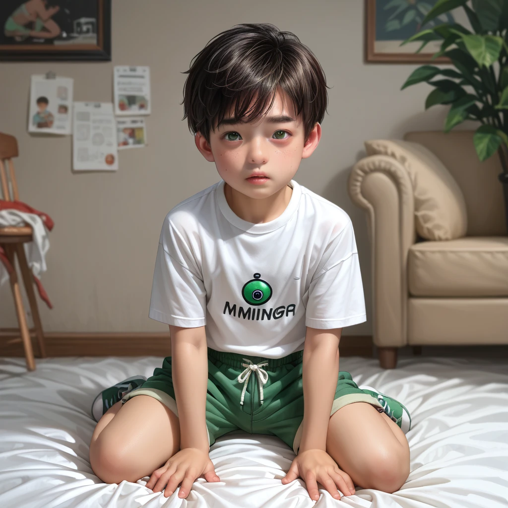 score_9, score_8_superior, score_7_superior, score_6_superior, score_5_superior, score_4_superior, super realistic),(alone, shota boy, age 15, (detailed eyes, detailed face, wearing a white t-shirt and green shorts), kneel, cying in livingroom