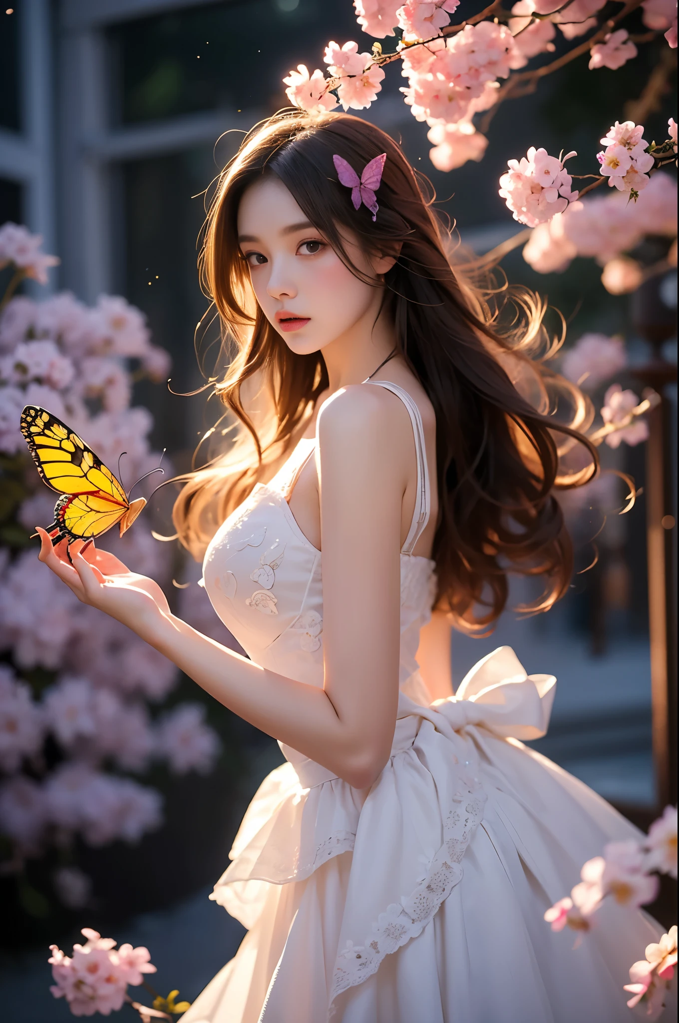 Beautiful dance pose, She gently lifted her skirt with one hand,头发周围有白色的Butterfly兰，Lilac dendrobium、White Lily, Long legs , Deep in Wonderland, ((Flowing long hair))Official Art , Unity8k Wallpaper , Extremely detailed , Visible cleavage, Pretty and beautiful , 性感Long legs, masterpiece , best quality ,Practical, Very detailed illustrations ,Extremely detailed , Intricate details , Extremely complex and detailed , Very detailed 8KCG wallpaper , Caustics .reflection , Ray Tracing , Devil theme ,nebula ,Dark aura, Network Effects , (1 girl)solitary , 小蓝Butterfly , (Blue plasma flame , (insect , Butterfly)) Pastel tones in Rococo style ,Light white and light dark red , Incredibly beautiful , Cherry blossoms , Surrealism ,painting , Ethereal , Mixing reality and fantasy elements ,Ray Tracing , Complex Mode , Exquisite lines , Perfect your hands, Starry Sky , Colorful , Star