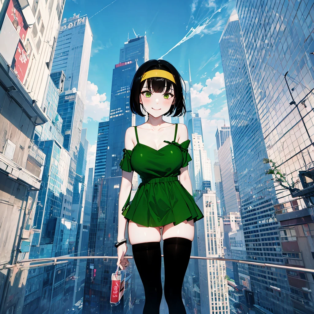 (solo), (1 skinny girl standing), arms behind back, swaying back, (tight-fit black thighhighs), collarbone, BREAK, (yellow hairband), green off-shoulder dress with shoulder straps, (off-shoulder white shirts under dress:1.2), glass-walled skyscrapers in distance, BREAK, (long skinny legs), huge breasts, BREAK, (forced smile:1.3), (dripping tires:1.3), (disappeared), open mouth, orgasm, nsfw, pussy juice dripping down between thighs