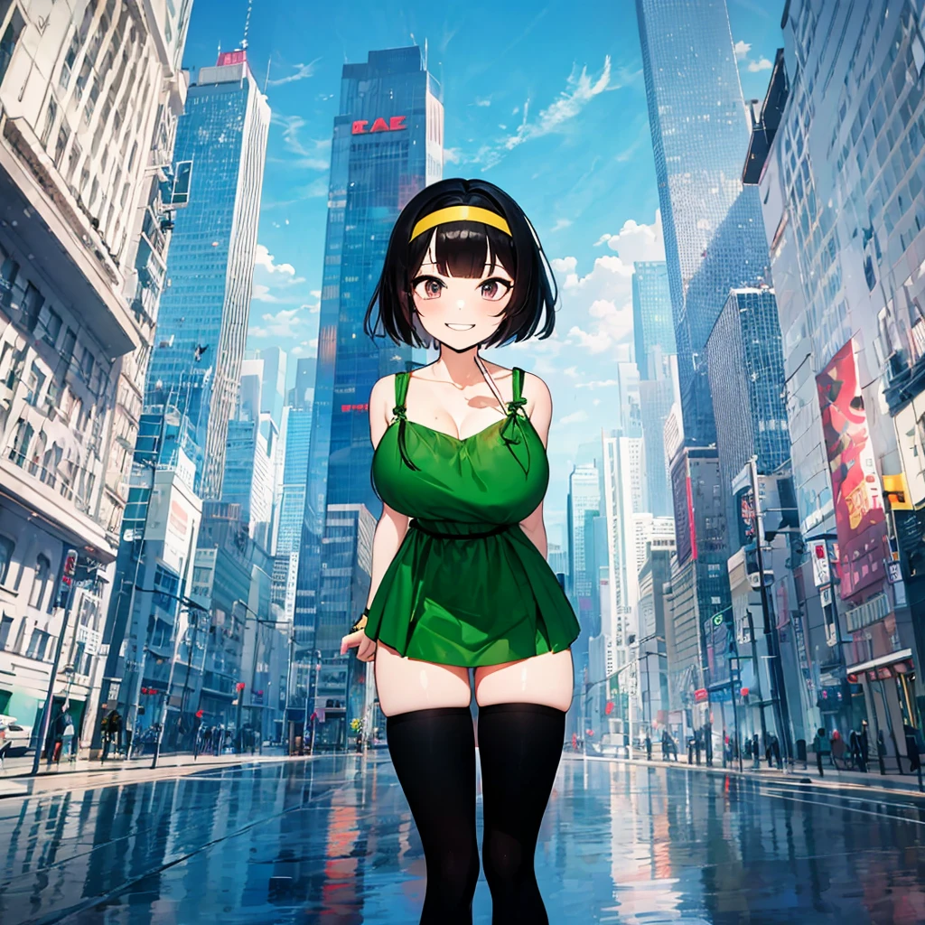 (solo), (1 skinny girl standing), arms behind back, swaying back, (tight-fit black thighhighs), collarbone, BREAK, (yellow hairband), green off-shoulder dress with shoulder straps, (off-shoulder white shirts under dress:1.2), glass-walled skyscrapers in distance, BREAK, (long skinny legs), huge breasts, BREAK, (forced smile:1.3), (dripping tires:1.3), (disappeared), open mouth, orgasm, nsfw, pussy juice dripping down between thighs