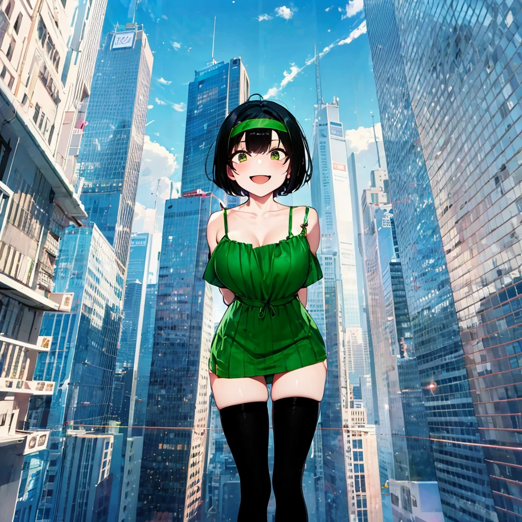 (solo), (1 skinny girl standing), arms behind back, swaying back, (tight-fit black thighhighs), collarbone, BREAK, (yellow hairband), green off-shoulder dress with shoulder straps, (off-shoulder white shirts under dress:1.2), glass-walled skyscrapers in distance, BREAK, (long skinny legs), huge breasts, BREAK, (forced smile:1.3), (dripping tires:1.3), (disappeared), open mouth, orgasm, nsfw, pussy juice dripping down between thighs