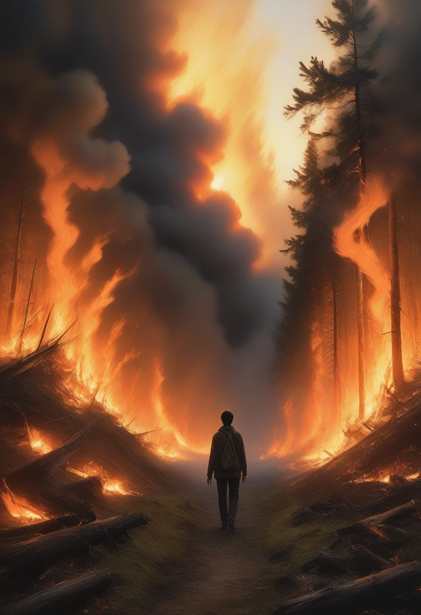 painting of a man walking through a forest with a fire in the background, the forest is on fire, forest fire, woods on fire, makoto sinkai, inspired by Michael Komarck, by Michael Komarck, stefan koidl inspired, fires!! hyperrealistic, burning forest, concept art | rhads, painterly concept art