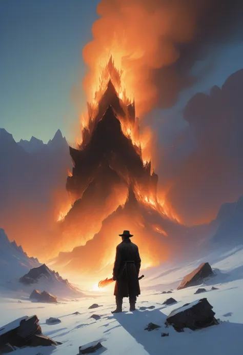 painting of a man holding a fire in a snowy field, michael whelan and tomer hanuka, by victor mosquera, dan mcpharlin, by ivan g...