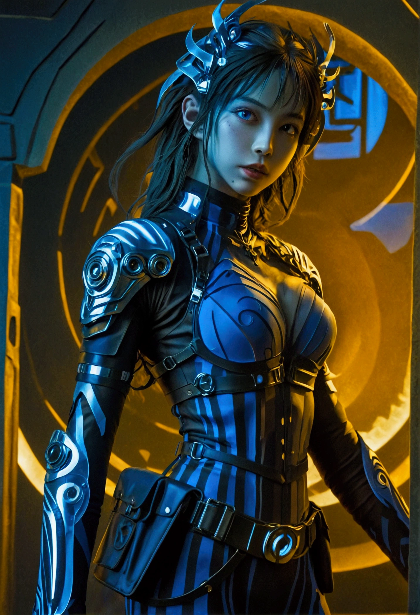 Sexy，girl，solo，photo，Sexy蒸汽朋克girl的photo插图，Shining blue eyes，Naked transparent tights，Side view iconic model walking pose，Provocative and seductive expression，Advanced Cybernetic Helmet，Waist bag with heavy weapons，Enhanced cybernetic gloves with large weapons，Full body torso，Athlete posture body，Low angle shot，Fantasy Art，Two tones，数码处理photo艺术，Ultra Detail，Clarity，High contrast，Bright atmosphere，Rich texture，Complex patterns，Vibrant colors，Movie Lighting，Accurate anatomical proportions。realistic digital art，Highly detailed VFX portraits，Stunning large-scale cybernetic background，Stunning digital art，超现实主义的Fantasy Art，Dramatic shadows，Dramatic lighting，Interwoven elements，