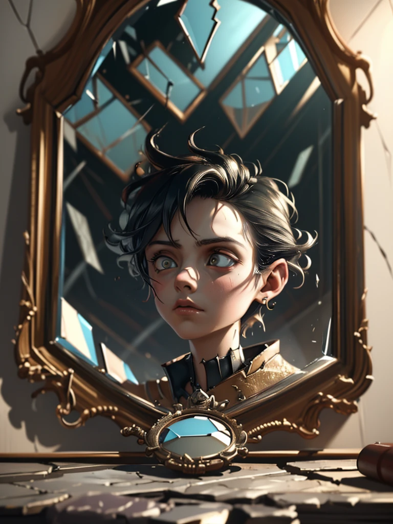 a surreal portrait of a person gazing into a cracked mirror, their reflection distorted and fragmented, intricate details, dramatic lighting, rich colors, depth of field, high contrast, photographic realism, cinematic composition, powerful symbolism, personal growth, rebirth