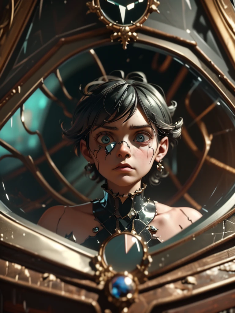 a surreal portrait of a person gazing into a cracked mirror, their reflection distorted and fragmented, intricate details, dramatic lighting, rich colors, depth of field, high contrast, photographic realism, cinematic composition, powerful symbolism, personal growth, rebirth