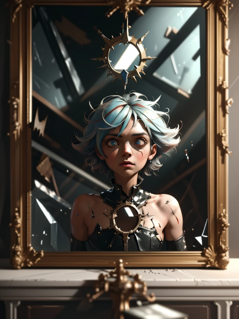 a surreal portrait of a person gazing into a cracked mirror, their reflection distorted and fragmented, intricate details, dramatic lighting, rich colors, depth of field, high contrast, photographic realism, cinematic composition, powerful symbolism, personal growth, rebirth