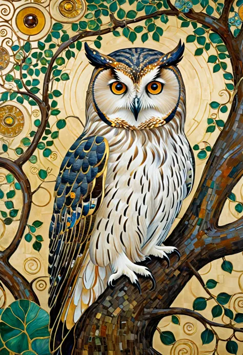 close-up of a painting of a tree with an owl on it, klimt jigsaw puzzle, pinterest, art nouveau, gustav klimt, gustav klimt 4 k,...