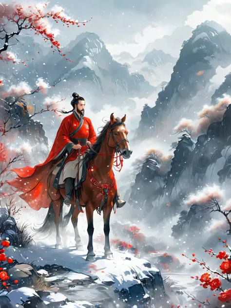 masterpiece，top quality，fine details，chinese style，unparalleled beauty，delicate and charming，heavy snow，leading horse，wildland，r...